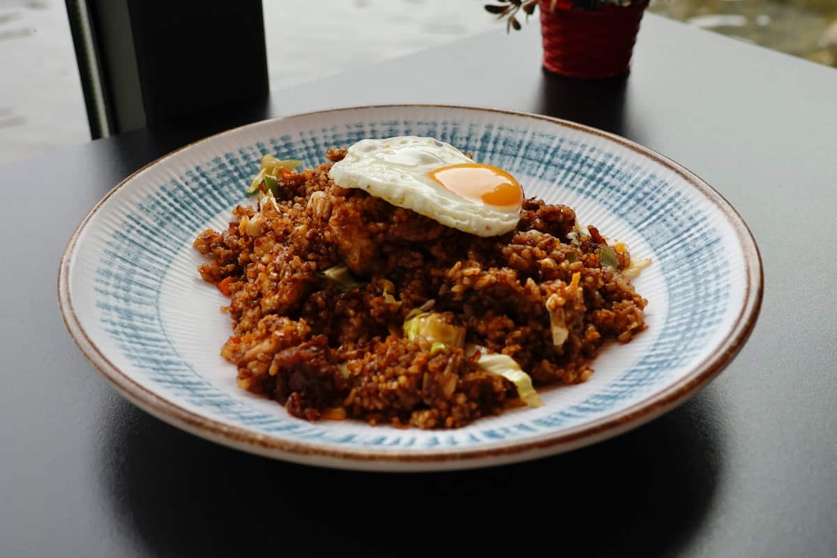 Kimchi fried rice topped with a fried egg
