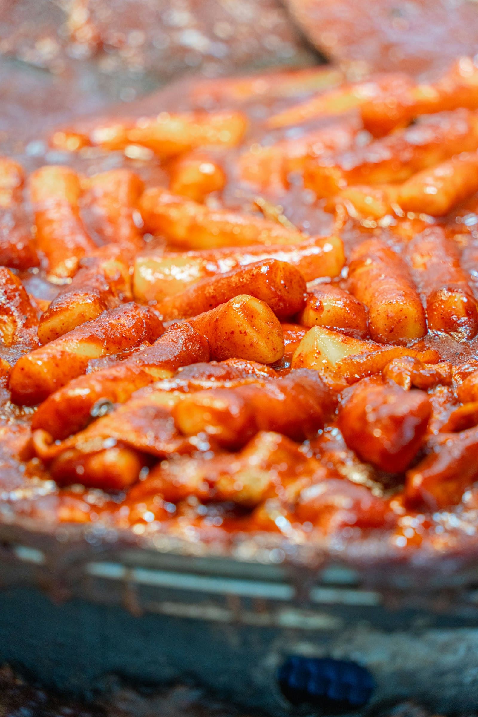 Korean tteokbokki simmering in a spicy sauce