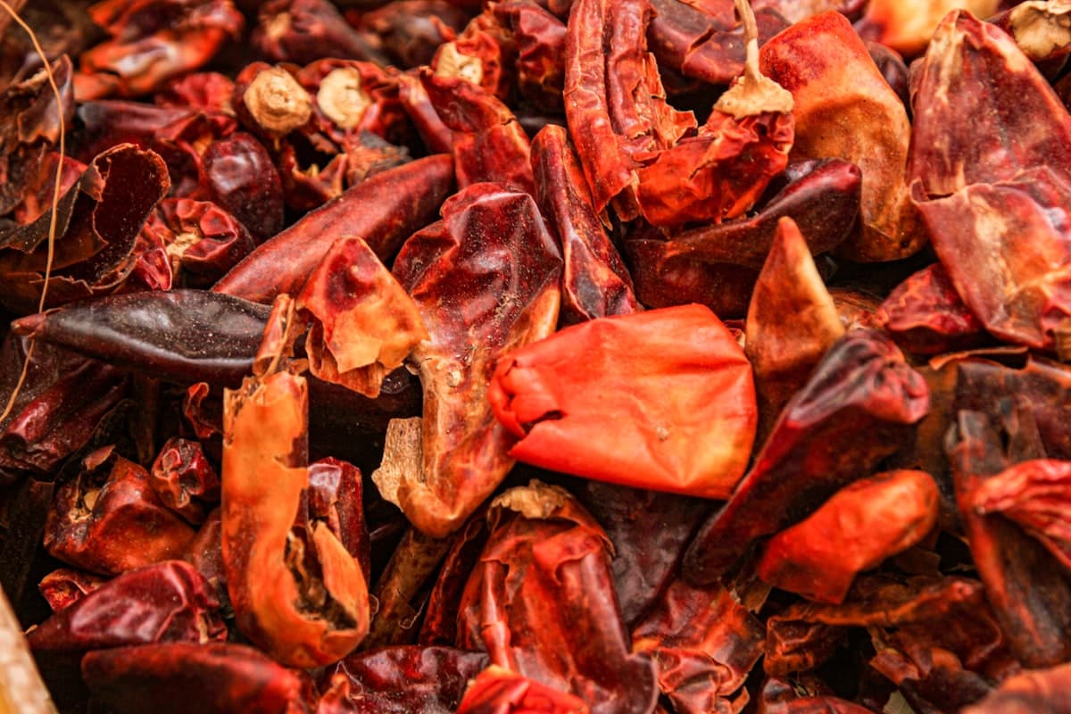 A pile of dried red chili peppers