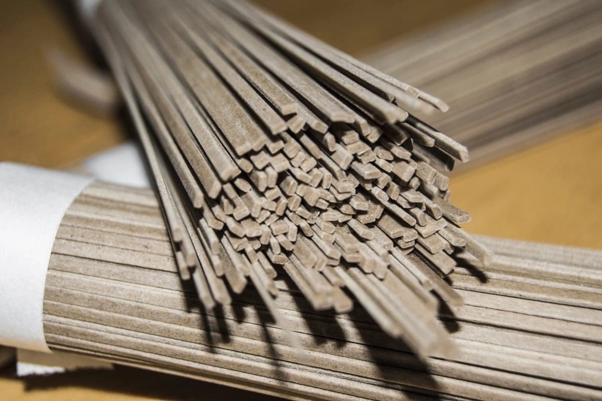Bundles of dried buckwheat noodles