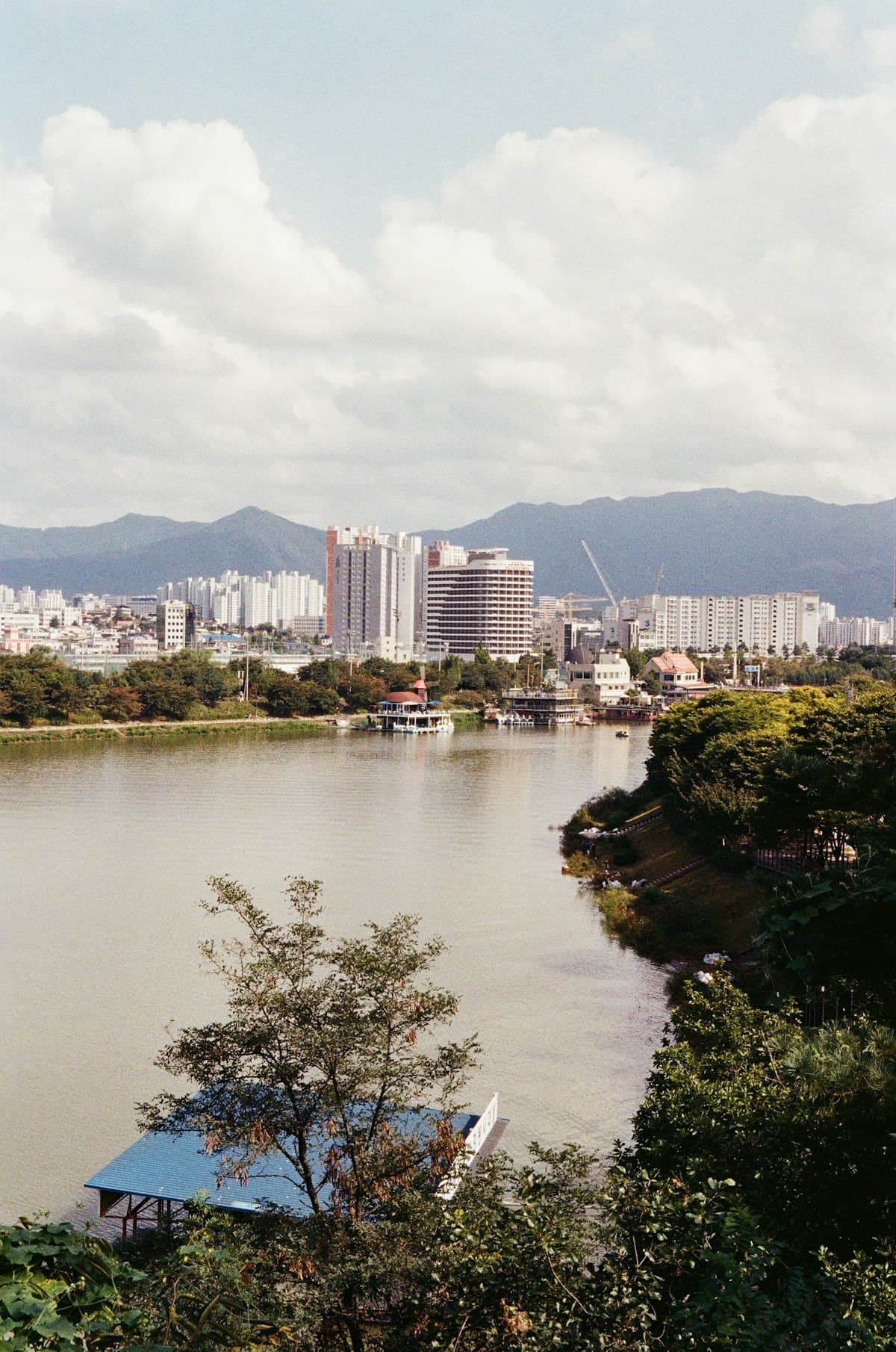 River and city skyline view of Chuncheon, the city where dak galbi originated