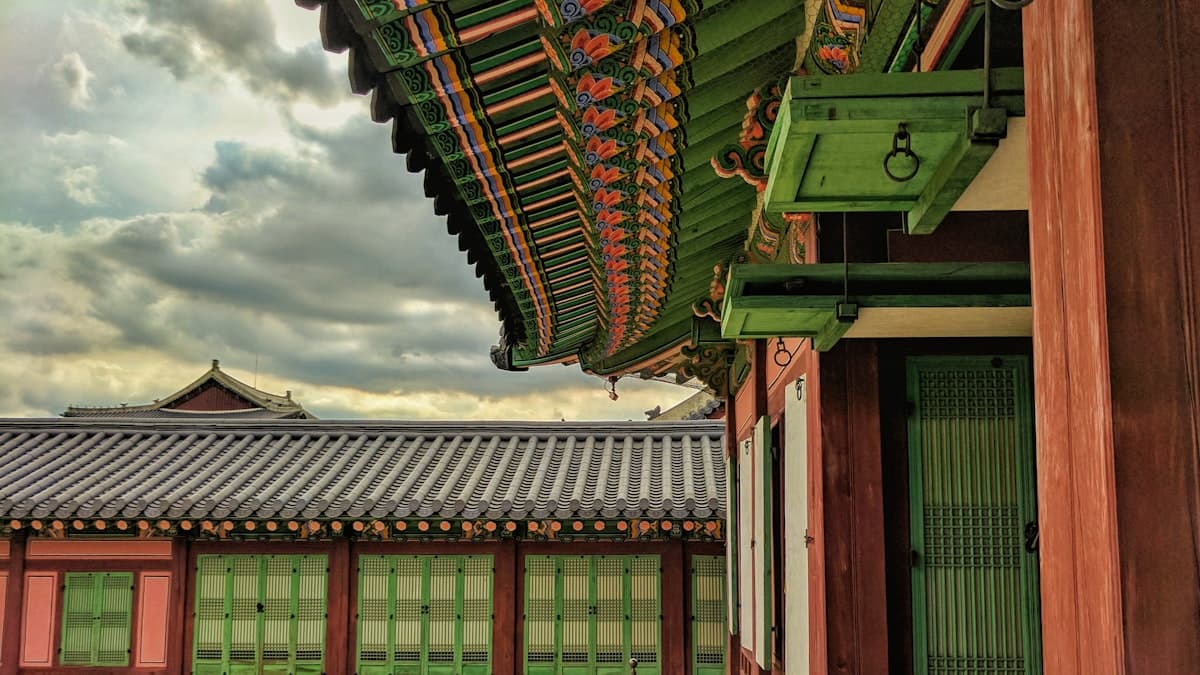 Ornate painted eaves of a traditional Korean palace roof