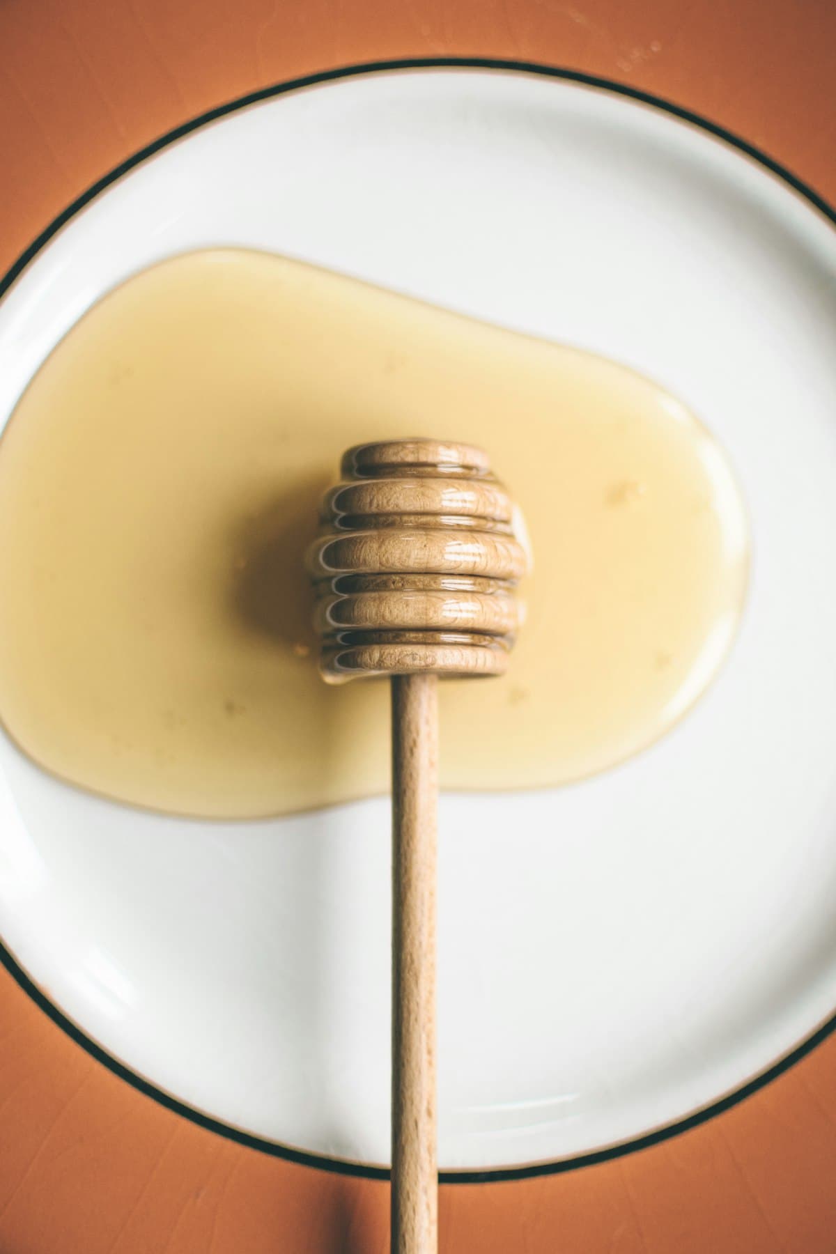 A pool of honey with a wooden honey dipper resting in it