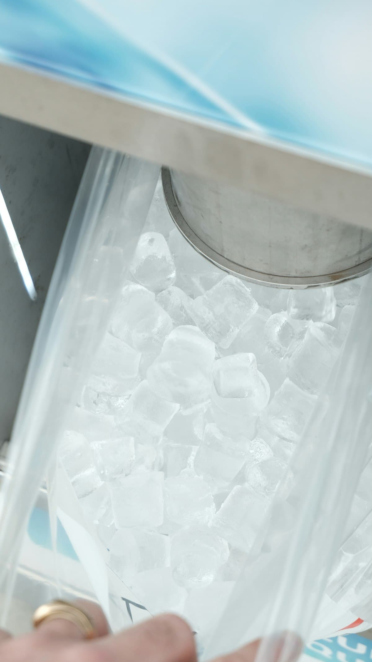 A bag of clear ice cubes