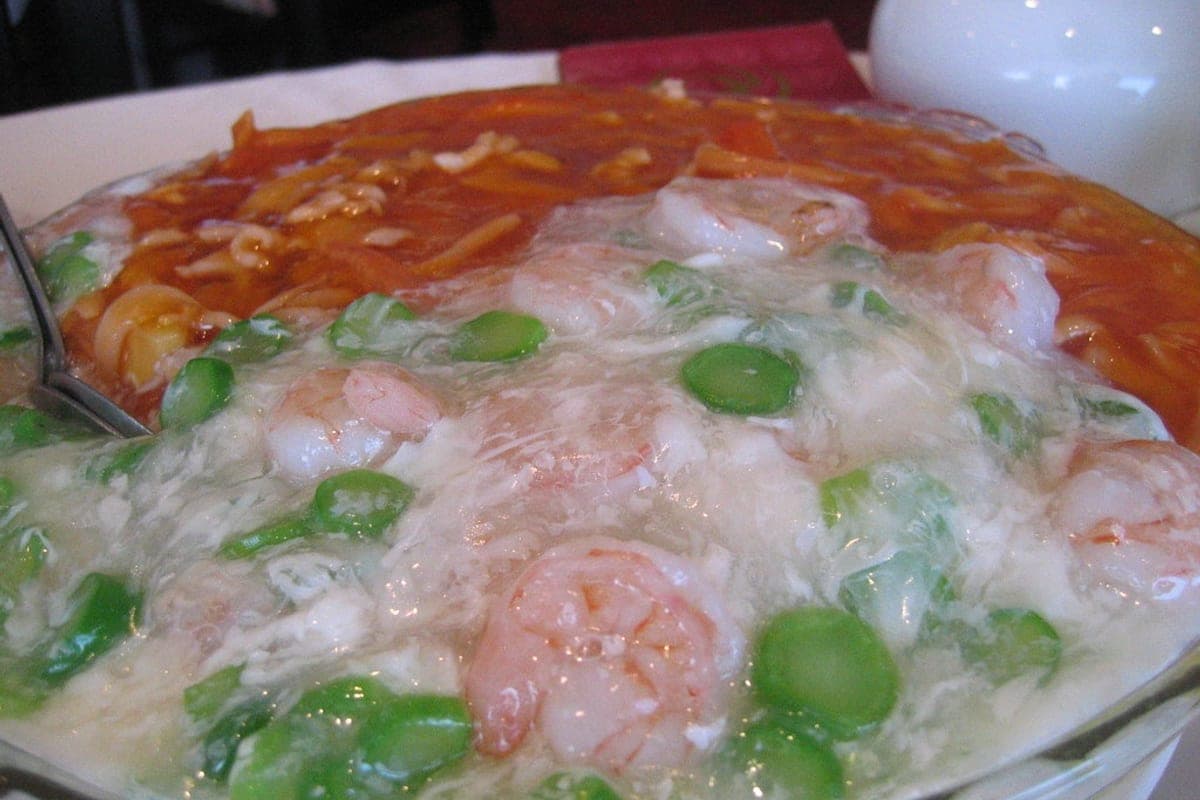 A bowl of Korean pork and rice soup