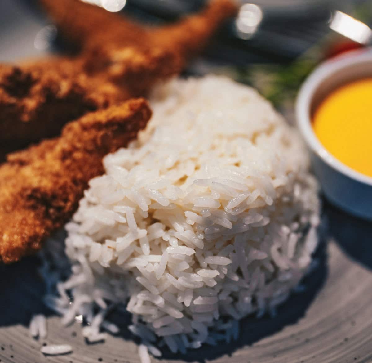 A golden breaded pork cutlet served with rice and a side sauce