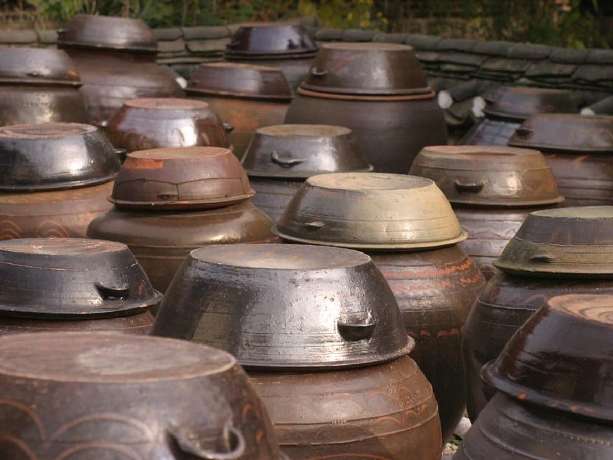 Rows of traditional Korean onggi fermentation jars