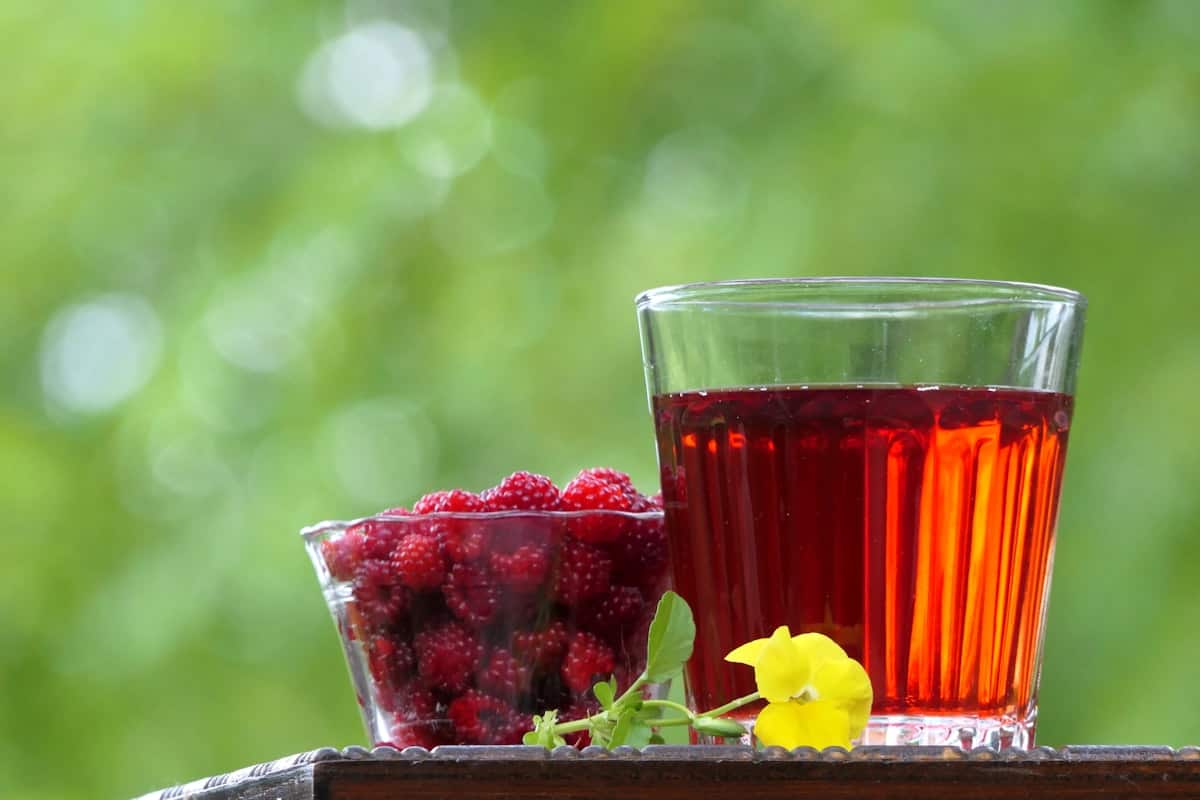 A glass of deep red omija berry tea beside a bowl of fresh berries